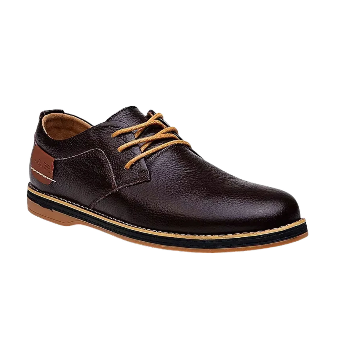 Men's genuine leather moccasin shoe in dark brown with tan laces and stitched sole, casual elegant style.