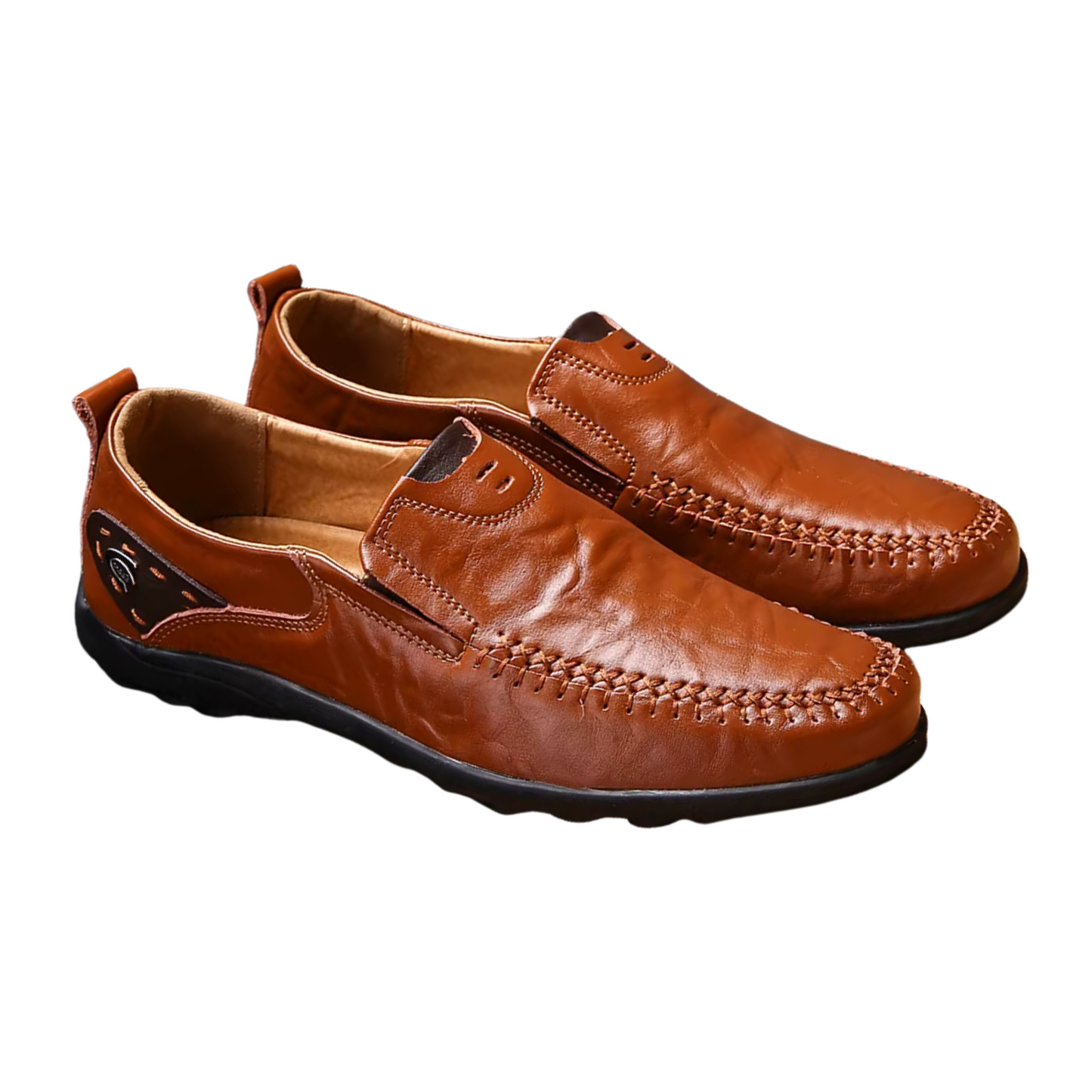 Brown leather slip-on moccasins with stitched detailing and black soles for versatile all-day wear