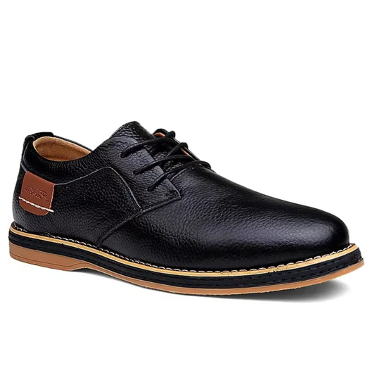 Black genuine leather men's moccasins with brown detailing and casual elegant design