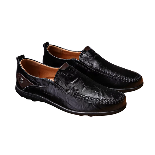Black leather slip-on moccasins designed for lightweight all-day comfort and versatile style